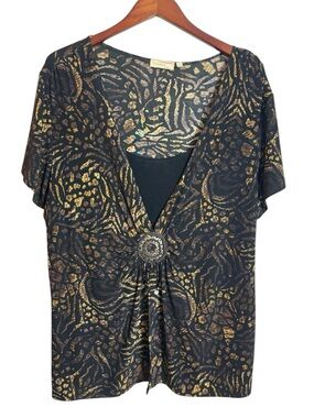 Choices Woman Plus Size 2X Animal Print Leopard Slinky Blouse Top Medallion